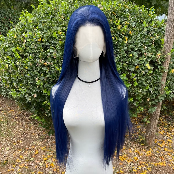 Dark Blue 13X4 Synthetic Lace Front Wigs for Women 26 Inch Long Sliky Straight Lace Wigs Half Hand Tied 150% Density Glueless 