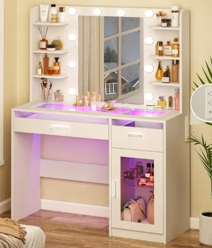Vanity Desk with LED Lights & Sliding Mirror