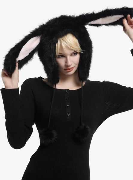 Black Bunny Ears Fuzzy Tassel Beanie