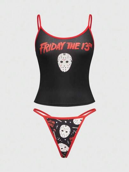 Friday the 13th X ROMWE Mask & Letter Graphic Wireless Bra & Panty Set For Women