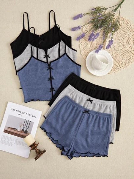 ZzzCrew 3pcs Women Bow Decor Camisole And Shorts Set, 3-Color Loungewear Casual Home Outfit'