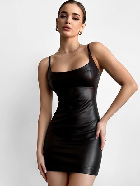 StyleCast x Revolte Shoulder Straps Leather Ruched Bodycon Mini Dress