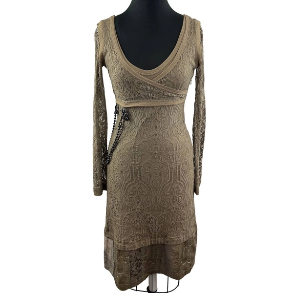 Save The Queen Brown Crochet Lace Scoop Neck Long Sleeve Midi Dress Chain S