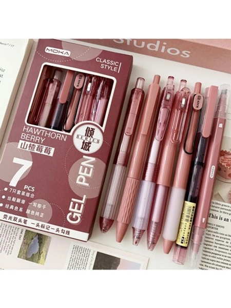 7pcs/Set St-Tip Push Pen & Liquid Pen Combination School Stationery Set For Quick Drying And Brush Writing, Black Back To School