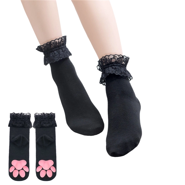 3D Paw Pad Lace Trim Cotton Ankle Socks - LittleForBig