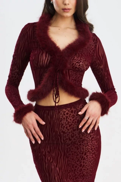 Miss Circle Hali Animal Print Burnout Velvet Fur Trim Top