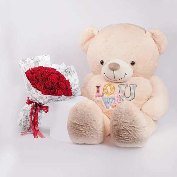 Give me Red Roses with Big Pink Teddy Same-Day Delivery