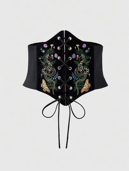 ROMWE Goth 1pc Women Black Lace Chain Skull Cross Tie Decor Elastic Waistband Goth Dress Accessory For Halloween