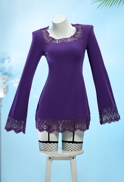 OP Robin Cosplay Costume Purple Square Neck Lace Dress with Fishnet Stockings
