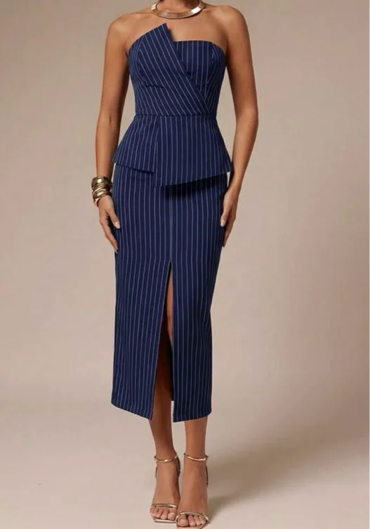 Silquee Blazer Set with Asymmetrical Striped Design and Striped Maxi Skirt for Women