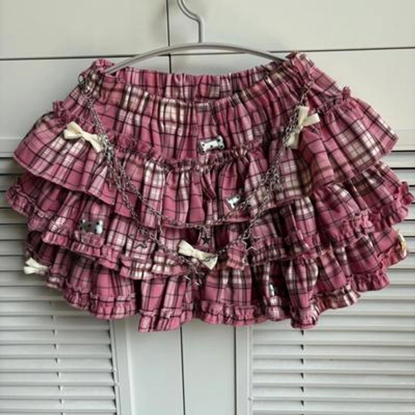 super cute y2k handmade remake skirts mini skirts pink plaid skirts punk skirt lace skirts short for women girl party travel unique gift