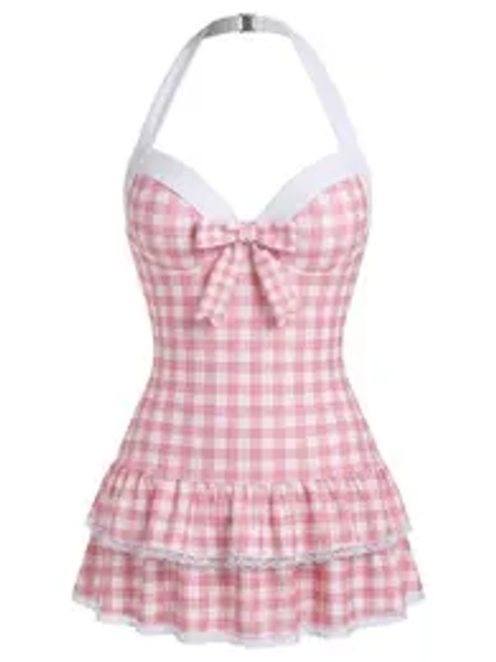 RETRO STAGE Women's 1940s Vintage Pink Gingham Halter 1-Piece Swimsuit - Whimsical Polka Dot Bow Detail Pops, Ruffled Hem, Backless, Comfortable Fit, Female Wear, Summer Vacation Beach Outfits Inspo