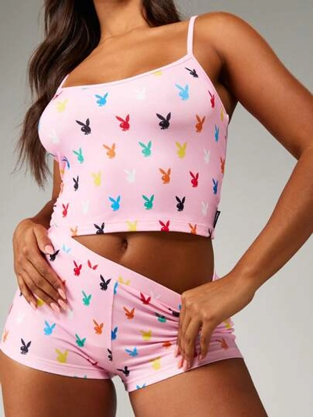 Missguided x Playboy Christmas Bunny Print Cami Top With Matching Booty Shorts