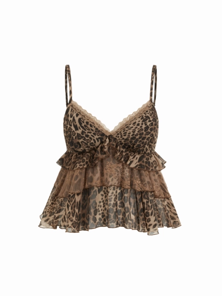Chiffon Leopard V-neck Lace Trim Cami Top Curve & Plus