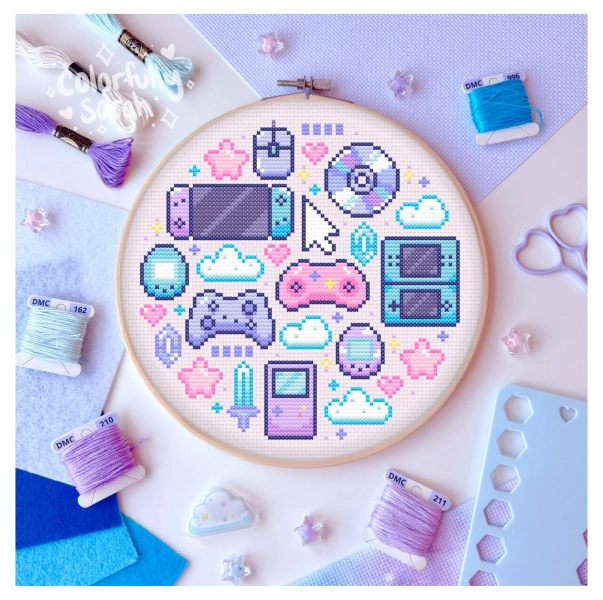Retro games cross stitch pattern, video games, cd, ds, switch, pastel, gamer, digital games, computer, cute, beginner, PDF Downloadable