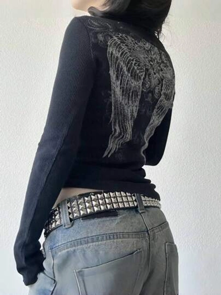 Women's Y2K Vintage Goth Graphic Tops Fairy Grunge Long Sleeves T-Shirts Fashion Gothic Wing Print Round Neck Tee Casual Fall Pullover Tops For Streetwear