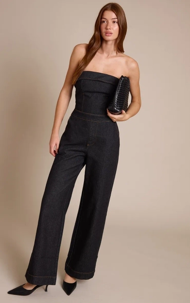 Raw Indigo Wash Fold Over Bandeau Denim Jumpsuit