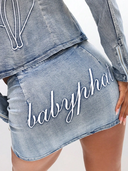 BABYPHAT Stretch Denim Lace Up Mini Skirt With Embroidery Detail High Waisted Casual Festival Vintage Distressed Denim Skirt Set