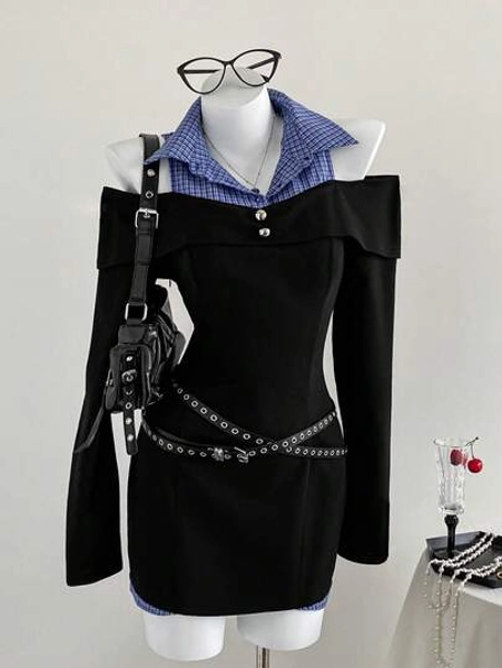 Elamini Women's Fashion Minimalist Off-Shoulder Color Block Splice Shirt Collar 2 In 1 Ruched Waist Slim Fit Casual/Date Dress, Autumn/Winter