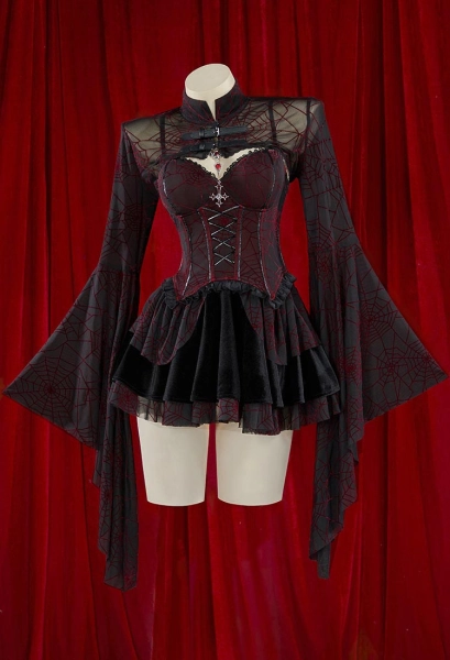 Halloween Gothic Black & Red Vampire Corset Dress Set Spiderweb Pattern Strapless Corset and Skirt with Lace Cover Up
