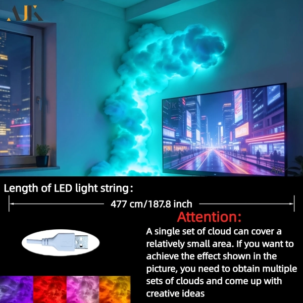 TEMU Ajk 477cm Cloud Light, , Color Changing Game Thunder Cloud Light String | Music Rhythm Atmosphere Light, Suitable For Bedroom, Living Room, ,
