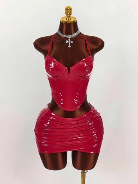 Amplova Conjunto de top halter sin espalda y minifalda sexy