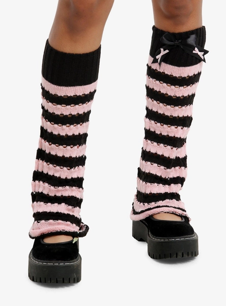 Black & Pink Stripe Bow Leg Warmers