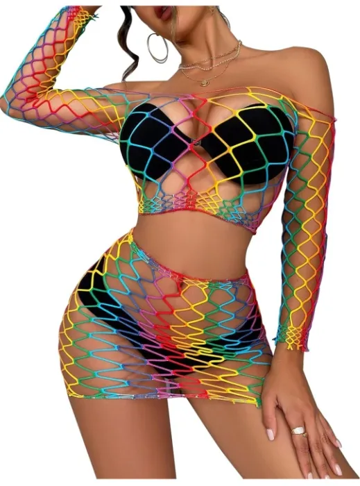 L04BABY Women's Fishnet Lingerie Set for Women Sparkly Rhinestone Off Shoulder Two Piece Lingerie Set Stripper Outfit - XS-2XL - Md003/Rainbow