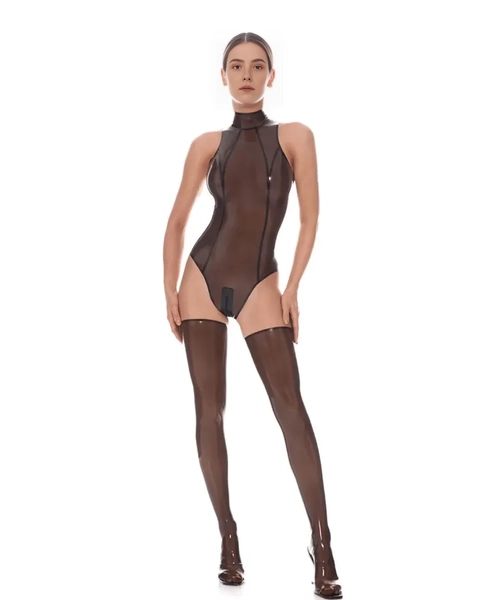Smoky Black Latex Bodysuit Set - Translucent & Stockings | Latex Luxe