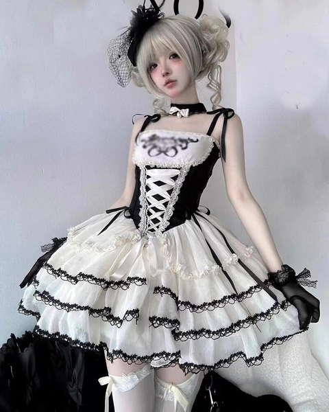 Lolita Sweet Girls Ruffles A-Line Dress Bowknot Cute Japanese Party Mini Dress