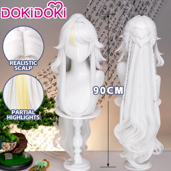 【Ready For Ship】DokiDoki Game Genshin Impact Zibai Wig Long Silver Yellow Highlight Hair Half-up Braided Ponytail The White Horse Adeptus Zi Bai Luna IV - Wig Only-Ready For Ship
