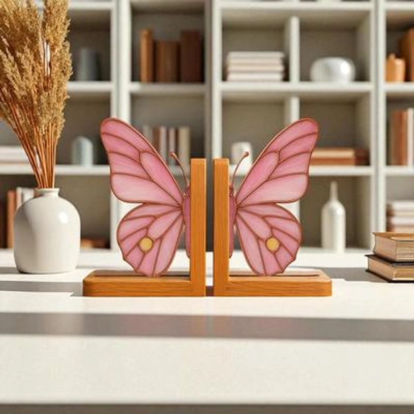 Stained Glass Butterfly Bookends: Handmade Oak Wood Bookshelf Decor