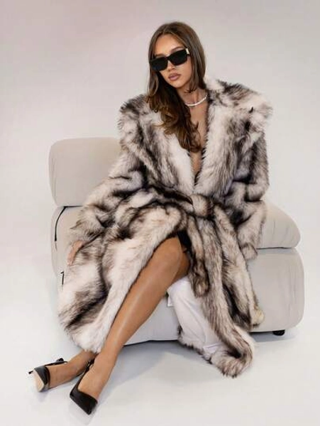 SHEIN ICON Women's Faux Fur Coat, Vertical Striped With Belt, Slimming, Chic & Sexy, Large Lapel, Fashion For Autumn/Winter,Winter Clothes For Women