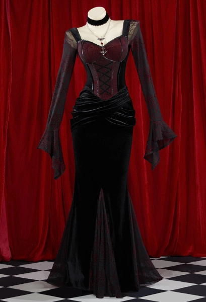 Halloween Gothic Black & Red Vampire Dress Spider Web Pattern Fishtail Maxi Dress with Choker Necklace