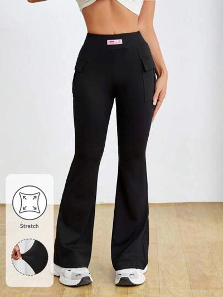SHEIN PETITE Women High Waist Solid Color Stretchy Black Flared Pants