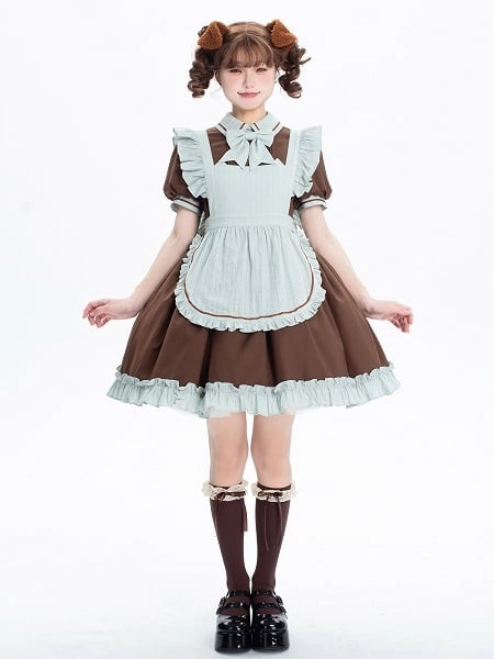 Brown and Mint Green Kitty Maid Lolita Short Puff Sleeves Dress + Apron