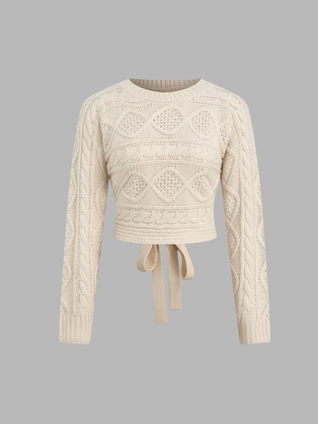 Knit Fabric Cable Knit Round Neckline Cut Out Knotted Long Sleeve Top For Vacation