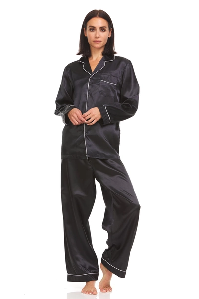Womens Silk Satin Pajamas - PJ Set Top and Bottom - Black - White  Piping