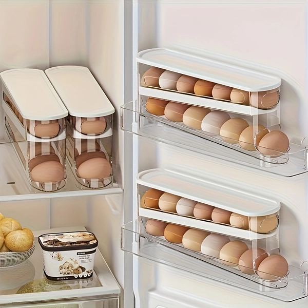[Automatic Egg Storage] Automatic Egg Storage 10-12 Eggs Double-Layer Sliding Egg Holder - Space-Saving Refrigerator Door Organizer with Transparent Compartments for Easy Access and Organization, Kitchen & Fridge Egg Container