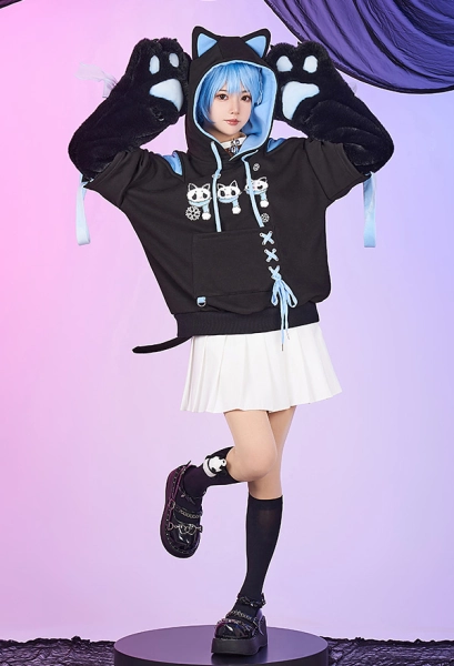 Snow Down Blue Black Skull Cat Print Pullover Hoodie with Detachable Furry Cat Paw Gloves