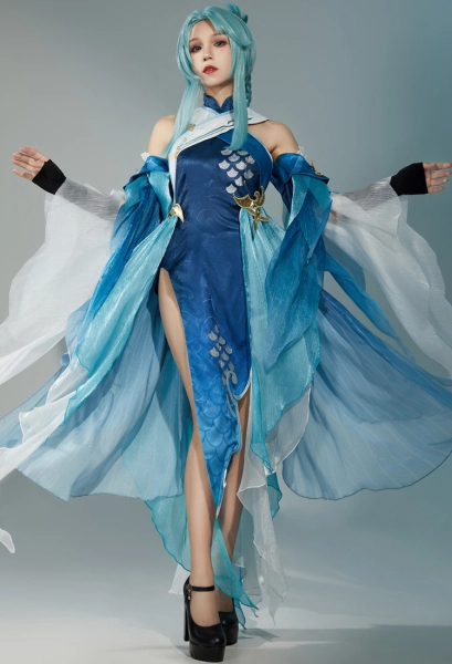 Genshin Impact Madame Ping Cosplay Costume Halter Dress and Gloves with Headdress