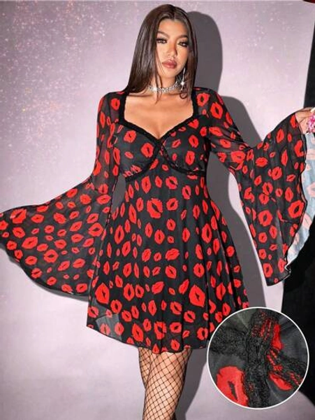 Allurite Plus Size Square Neck Long Flare Sleeve Lace Patchwork Red Lip Print Elegant Retro Valentine's Day Dress For Women