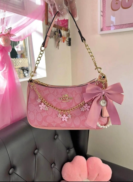 Pink Shoulder Bag: Coach Designer Purse With Bow & Pearl Charms - Etsy
