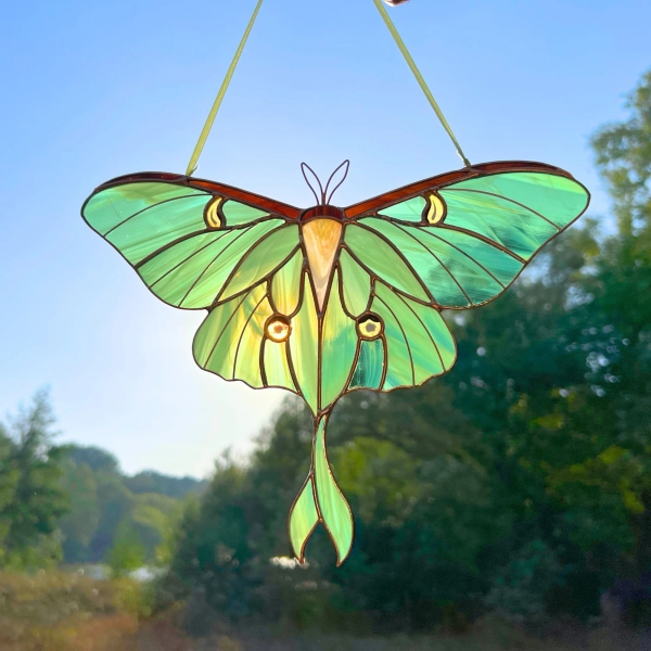 Luna moth stained glass window hangings / Butterfly artwork / Christmas gift for mom / Butterfly stained glass suncatcher / Garden art