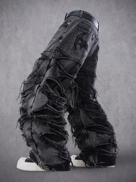 Manfinity Denimwave Men's Casual Distressed Frayed Hem Dark Grey Denim Jeans