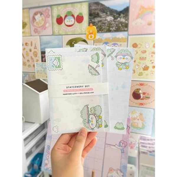 Handmade Rainy Day Penguin Stationery Set for Letter Writing | Aesthetic, Kawaii, Cute Paper, Envelope for Pen Pal, Snail Mail, Gift, Money