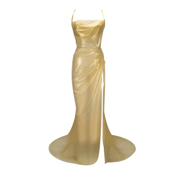 Latex Bambi Gown w/ train and detachable train loop in sheer gold