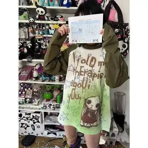 Harajuku Y2k Aesthetic Print T-shirt Women Punk Letter Tie Dye Cartoon Print Loose Graphic T Shirts Couple Fairy Grunge Tees