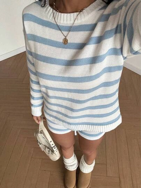 Women's Y2K Cute 2 Pieces Set Striped Color Long-Sleeve Knitted Sweater Top Shorts Waist Drawstring Suitable For Travel And Daily Wear Casual Sweater Matching Sets Woman Spring Autumn Outfits Clothes Back To School