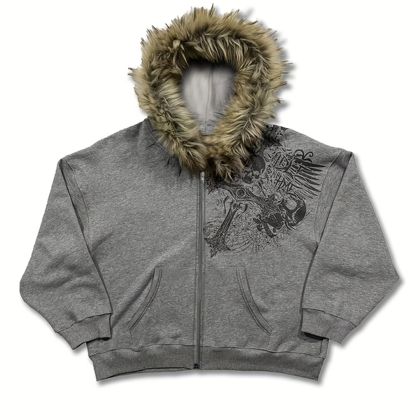 Y2K Streetwear Retro Warm Cardigan Men And Women Loose Hooded Sweatshirt Winter Fashion Hat Hooded Sweatshirt Street Style Skull Print Zipper Hoodie